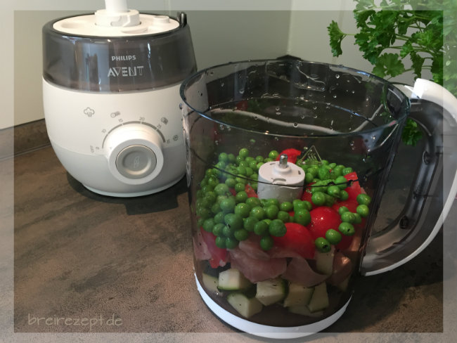 Babybrei mit Gartengemüse, Lachs und Reis aus dem Dampfgarer Babybrei mit Gartengemüse, Lachs und Reis aus dem Dampfgarer