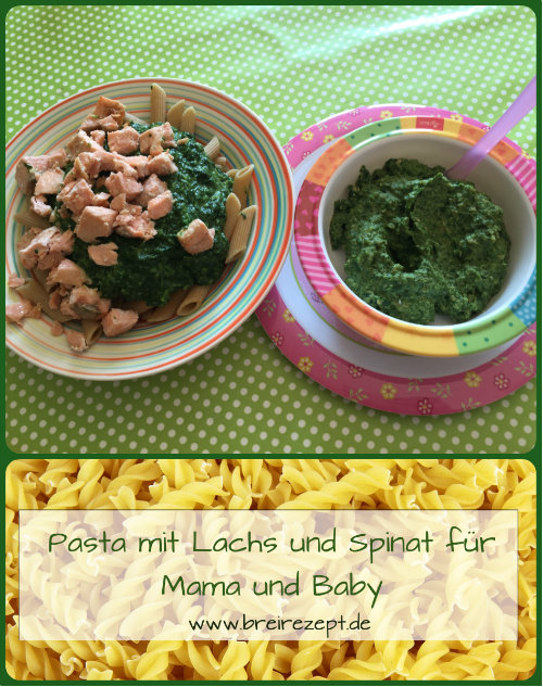 Babybrei mit Lachs, Spinat und Pasta